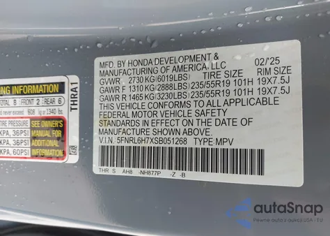 2025 Honda Odyssey Sport-L from USA, damaged, VIN 5FNRL6H7XSB051268